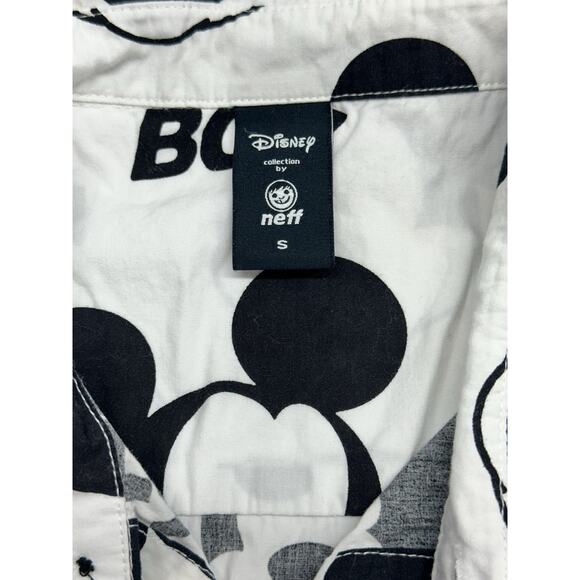 Disney Neff Shirt Mens Small Mickey Mouse Oh Boy White Black Button 100% Cotton - Picture 4 of 8